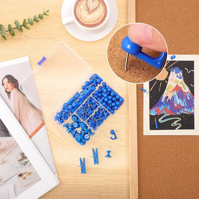 200 Pieces Push Pins Set, 5 Types Blue Thumb Tacks Cute Decorative Push Pins for Wall Cork Board Bulletin Boards with Storage Box