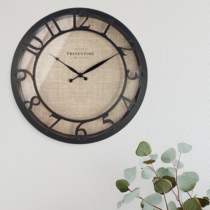 Presentime & Co 13" Farmhouse Series Wall Clock, Cottage Style, Faux Burlap Design, Silent No Ticking, Oil Rubbed Antique Bronze Finish