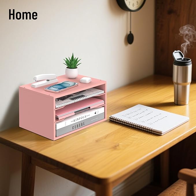 SHARKWOODS Wood Desk Organizer, 3 Tier Paper Tray Organizer for Desk with Adjustable Storage Shelves, Desktop File Organization Paper Sorter Mail Holder for Office Home Classroom, Pink