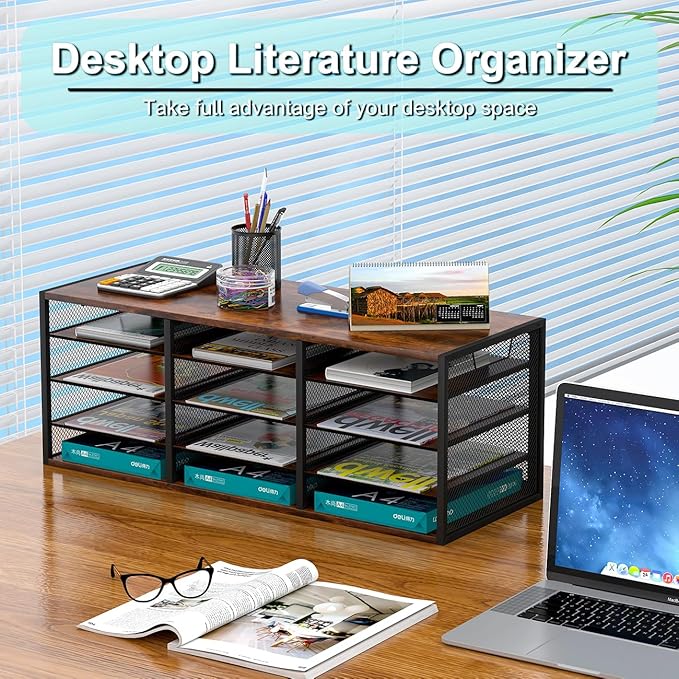 PAG-Mass Mail Sorter Adjustable Holder, Countertop Literature Organizer, Student Mailbox for Classroom, Desktop Bill Paper Organizer for Office Home School, 12 Compartments, Brown