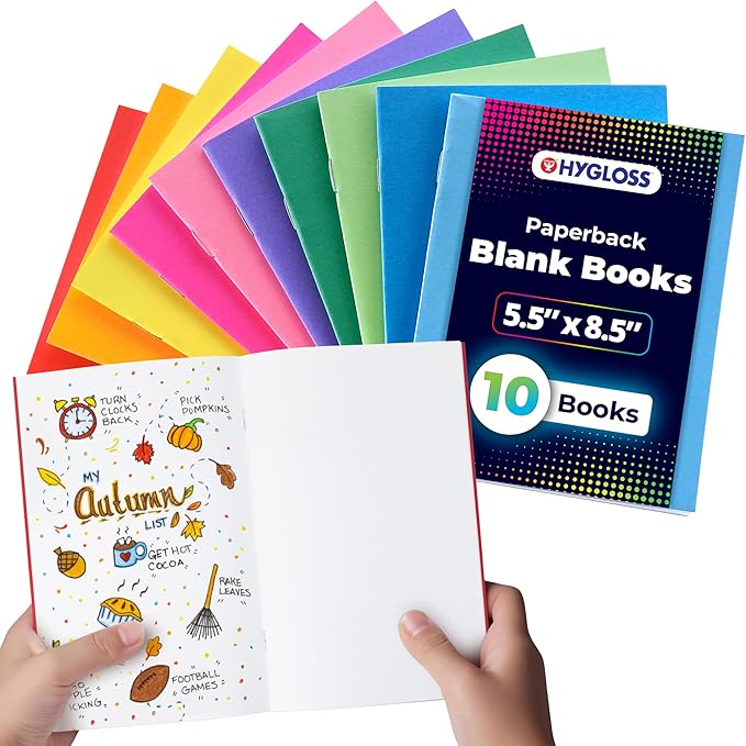 Hygloss Blank Books - Bulk 10 Pack – 5.5" x 8.5" A5 Assorted Colors – Paperback Blank Books for Kids to Write Stories, Doodle Art – Plain Drawing Sketchbook, Unlined Journal, Notebook Without Lines