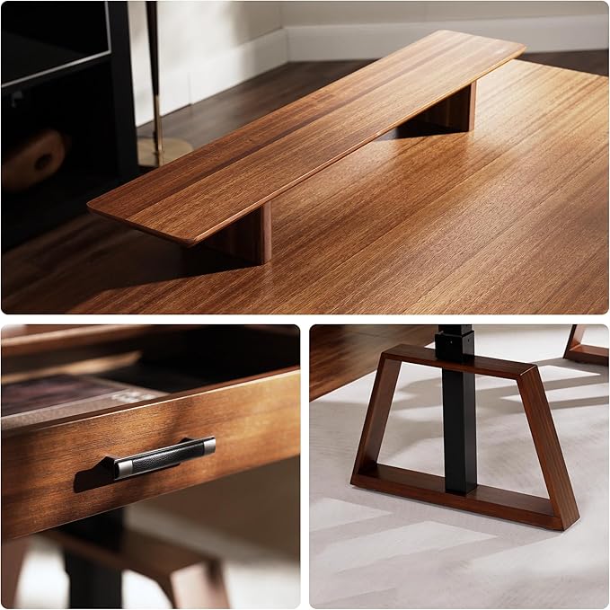 EUREKA ERGONOMIC L Shaped Desk 63", Solid Walnut Wood Top, Executive Standing Desk Adjustable Height, Dual Motor Corner Workstation with Drawers & Monitor Shelf for Home Office, Left