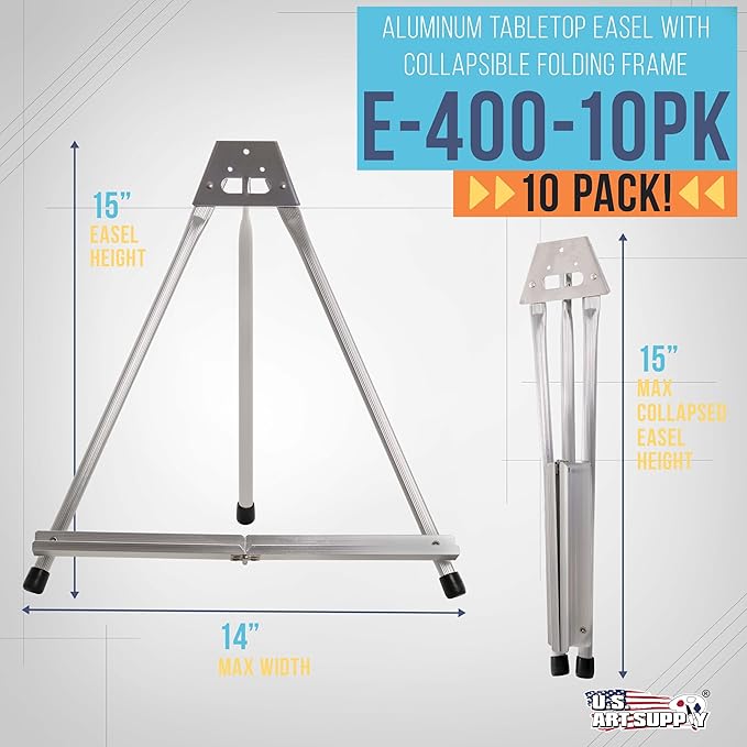 U.S. Art Supply 15" High Aluminum Tabletop Display Easel for Painting (10 Pack), Adjustable Folding Stand - Portable Art Easel for Displaying Canvas, Whiteboards, Posters, Signs, Pictures, Paintings