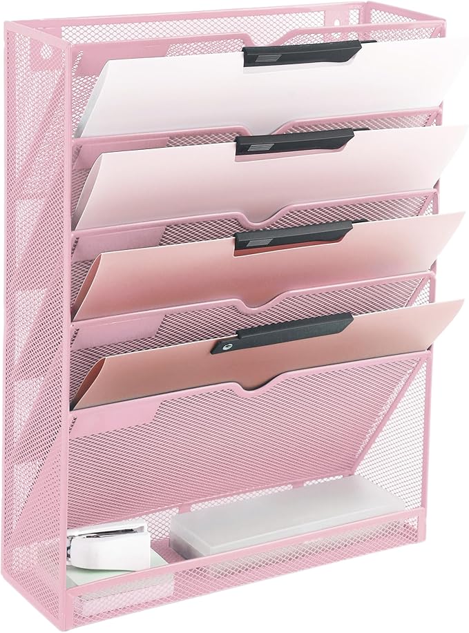 EASEPRES 6 Tier Mesh Hanging Wall File Organizer, Desk Vertical Mail Paper Document Folder Holder Rack with Bottom Tray and Nametag Label for Office Home School, Pink