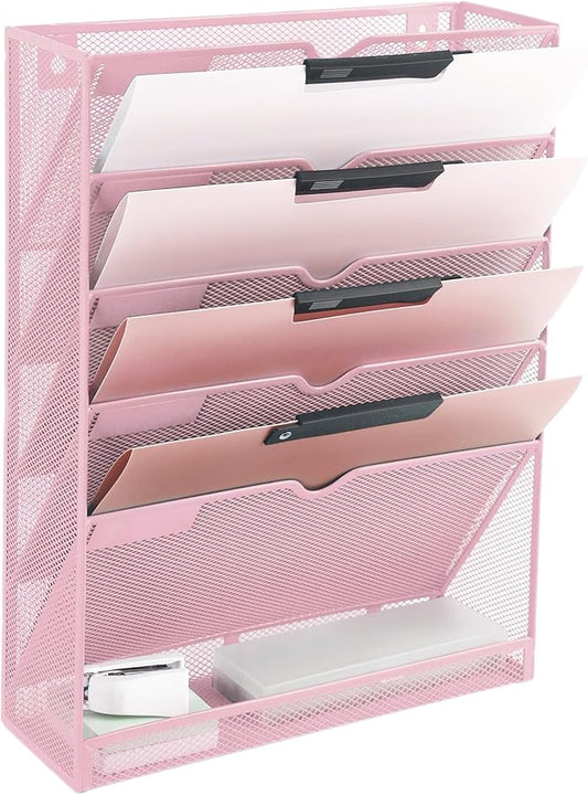 EASEPRES 6 Tier Mesh Hanging Wall File Organizer, Desk Vertical Mail Paper Document Folder Holder Rack with Bottom Tray and Nametag Label for Office Home School, Pink