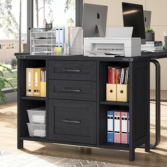 Vabches File Cabinet with 3 Drawers, Farmhouse Lateral File Cabinet Fits Files Letter/A4 Size, Wooden Filing Cabinet with Adjustable Shelves Printer Stand for Home Office, Black