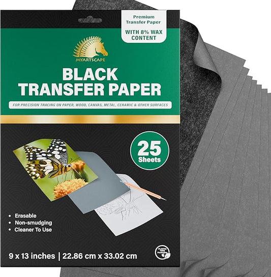 MyArtscape Graphite Transfer Paper - 9" x 13" - 25 Sheets - Waxed Carbon Paper for Tracing (Black)