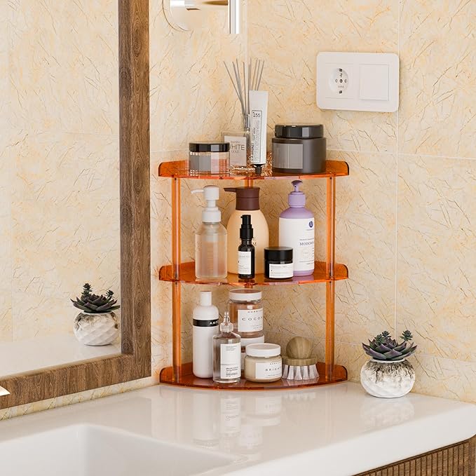 Sezanrpt 3 Tier Acrylic Corner Shelf Organizer Storage 9.5x9.5x15.7 Inch, Orange Countertop Corner Shelf for Bathroom, Kitchen, Bedroom, Office, Study Room