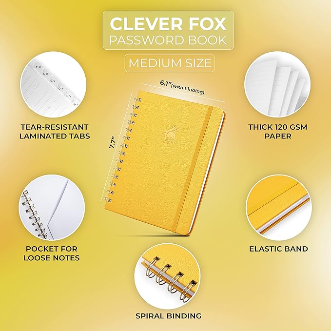 Clever Fox Password Book Spiral – Internet Address & Password Organizer with Laminated Alphabetical Tabs – Password Keeper Journal – Hardcover, Medium Size, 6.1x7.7” (Amber Yellow)