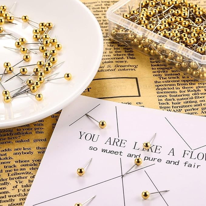 WILLBOND 500 Pack Map Push Pins Map Tacks Small Round Head Push Pins Thumb Tacks for Travel Picture Photo Bulletin Board Wall DIY Craft School Office Home(Golden,1/8 Inch)