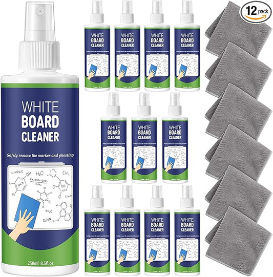 Dansib 12 Pack Whiteboard Cleaner Spray 8.5oz Dry Erase Board Cleaner with 6 Cloths Non Toxic Dry Erase Cleaner Removes Stubborn Marks from Whiteboards