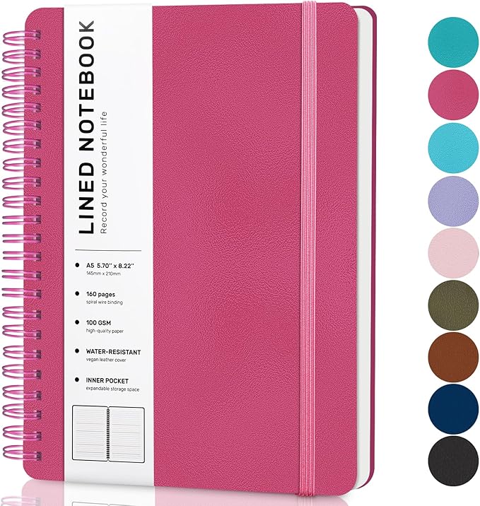 ABERLLS Deeppink Lined Spiral Journal Notebook, 160 Pages, 85.7in A5, for Work, School, Women, Men - College Ruled, Hardcover Leather Journal