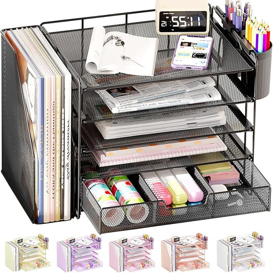 OPNICE Desk Organizer, 5-Tier Paper File Organizer with Drawer & Pen Holder, Office Desk Accessories, Workspace Desktop Organizer for Office Supplies(Black)