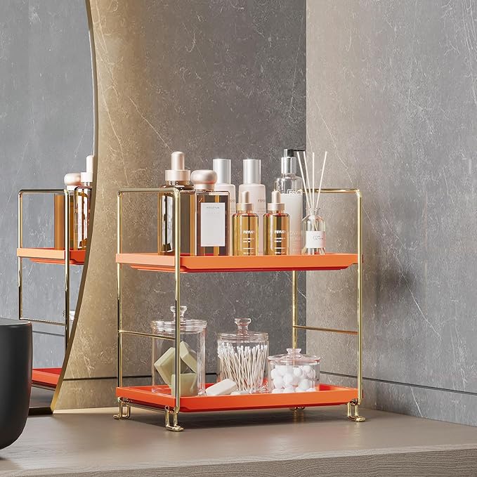FSyueyun 2-Tier Bathroom Countertop Organizer,Bathroom Organizers and Storage with Tool-Less Installation, Premium Plastics for Makeup, Perfume, Skincare on Dresser Vanity Tray(Gold & Orange)