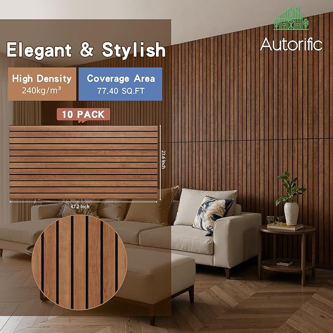 AUTORIFIC Wood Veneer Sound Panels, 10 Pack 47.2”x23.6” Wall Panels, Decorative Acoustic Panels for Walls, for Office,Home Theater,Studio,Living Room, Cherry(Mitred)