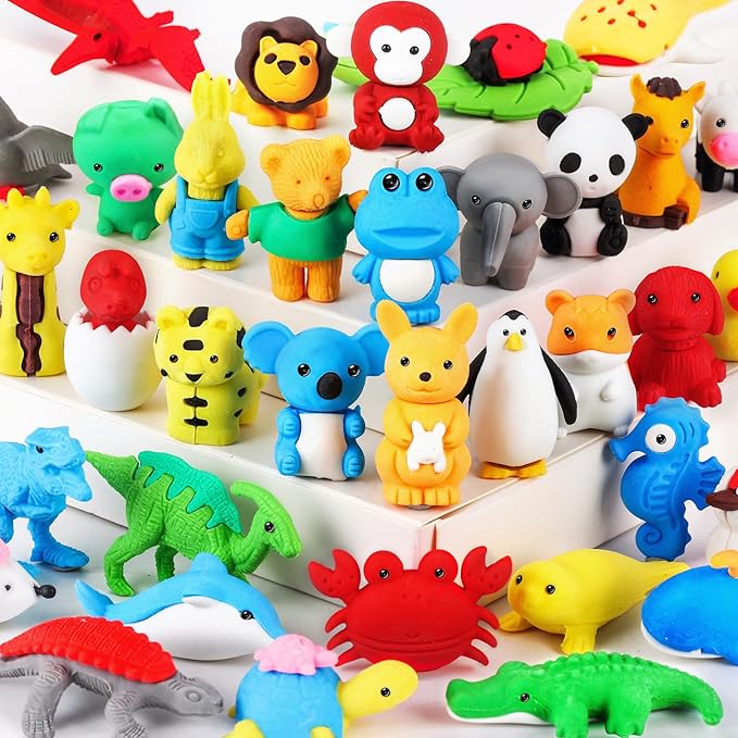 URSKYTOUS 36Pcs Animal Erasers Kids Desk Pets Pencil Erasers 3D Puzzle Bulk Mini Animal Eraser Toys Fun Cute Eraser for Classroom Rewards, Game Prizes, Treasure Box, Easter Egg Fillers