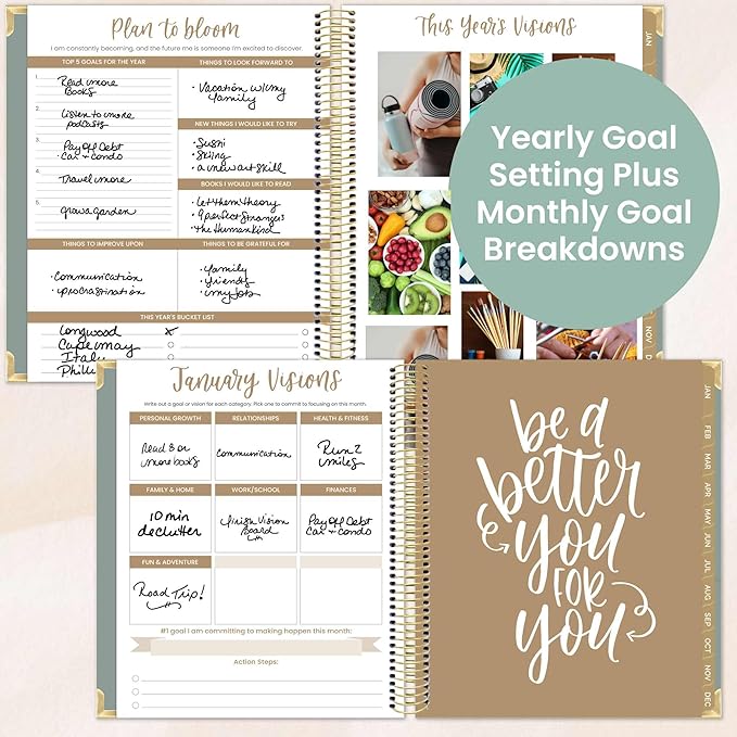 bloom daily planners 2026 Hardcover Calendar Year Goal & Vision Planner (January to December) - Monthly & Weekly Agenda Organizer - 7.5" x 9" - Green Linen