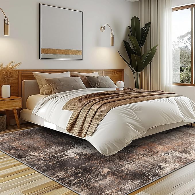 GENIMO Washable Area Rugs for Living Room, 9x12 Vintage Non Slip Rugs, Low Pile Lightweight Soft Print Rug for Bedroom, Dining Room, Home Office, Brown Orange