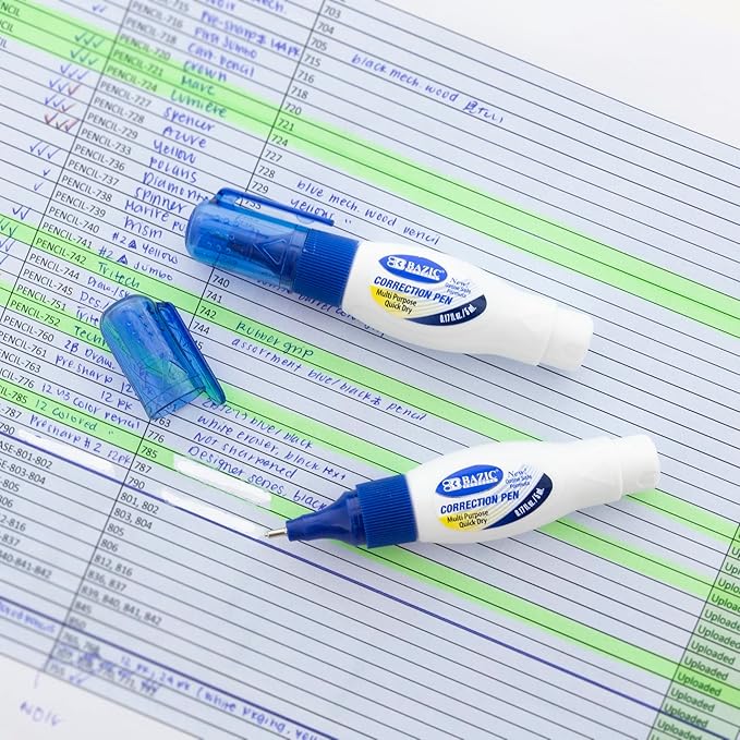 BAZIC Products Correction Pen – Corrections Fluid, Precise Metal Tip White Out, Ideal for School & Office Supplies, Alternative to Correction Solution, 2/Pack, 1-Pack