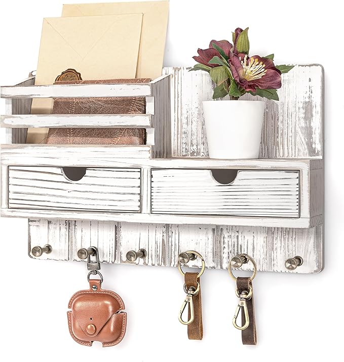 Rebee Vision Farmhouse Key Holder Wall Mount for Home Decor – Key and Mail Holder for Wall with 2 Drawer Organizer, 6 Key Hooks & Shelf – Apartment Essentials (Whitewash)