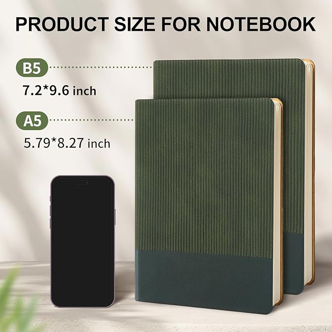 TSFPapier Lined Journal Notebook for Work College Ruled Note Book 7.2"x9.6" B5 PU Leather Daily Journaling 160 Pages for Women Men Writing Home School Supplies Business (Khaki/Green)