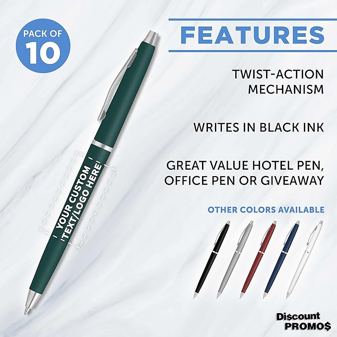 DISCOUNT PROMOS Custom Langham Ballpoint Pens Set of 10, Personalized Bulk Pack - Black Ink, Great for Office, School, Business, Tradeshows - Hunter Green
