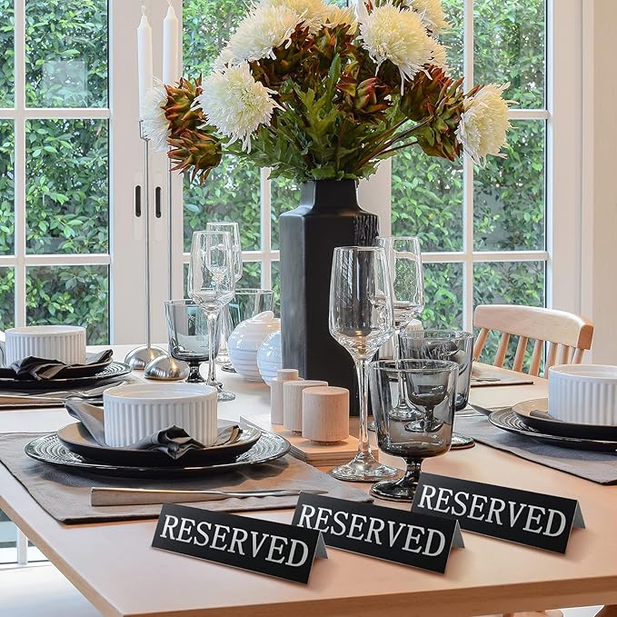 Peryiter 12 Pcs Table Top Reserved Sign Metal Reserved Table Tent Signs Double Sided Guest Reservation Seat Indicators for Wedding Restaurant Family Ceremony Events, 5.91 x 3.15 Inches(Black)