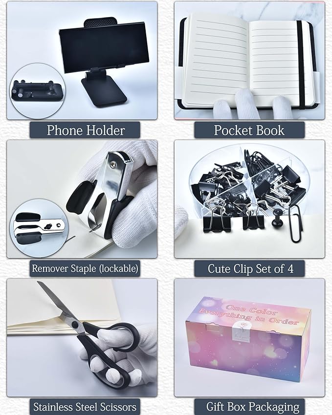 LXEVIHK 20Pcs Black Desk Organizers and Accessories With Mesh Desk Organizer and 360°Rotating Pen Holder and a Lot of Office Black Office Supplies Beautifully Presented in a Gift Box