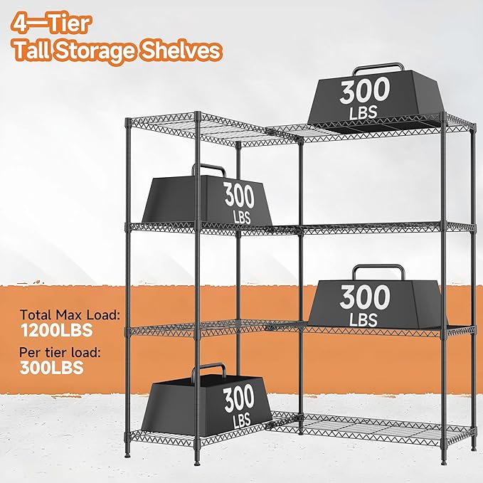M MZG 4 Tiers Storage Shelves Load 1200LBS, Metal Shelving Wire Metal Shelving Unit Shelves for Storage Adjustable Garage Shelving for Pantry Kitchen Garage Black 15.8" D x 33.5" W x 59.5" H