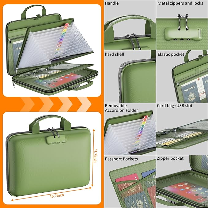 Fireproof File Organizer with Lock, Hard-Shell Case Fireproof Document Box with 13 Pockets Accordion File Folder, Important Document Organizer for Letter A4 Files Laptop Passports (Green)
