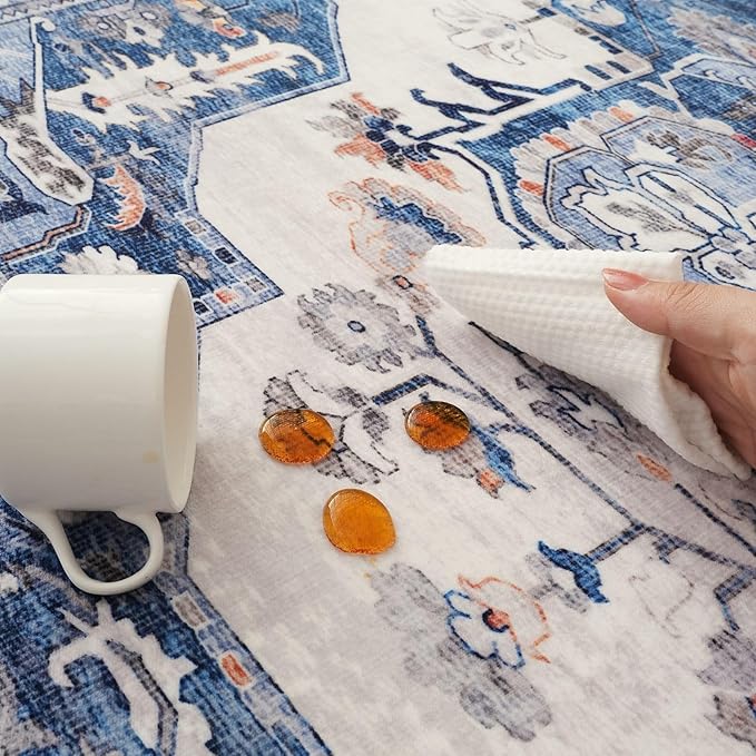 Rugcomf Vintage Medallion 4'x6' Rug - Machine Washable Area Rug, Non-Slip Low Pile Boho Carpet for Girl/Boys Room, Living Room, Kids, Entry - Blue