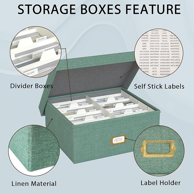 Decorative Photo Storage Box - Linen Photo Box Organizer with Dividers, Fits Holds Up to 1700 Pictures and 4x6 Photos, Memory Keepsake Organizer for Photos, Scrapbook Supplies, Cards, Stamps (Green)