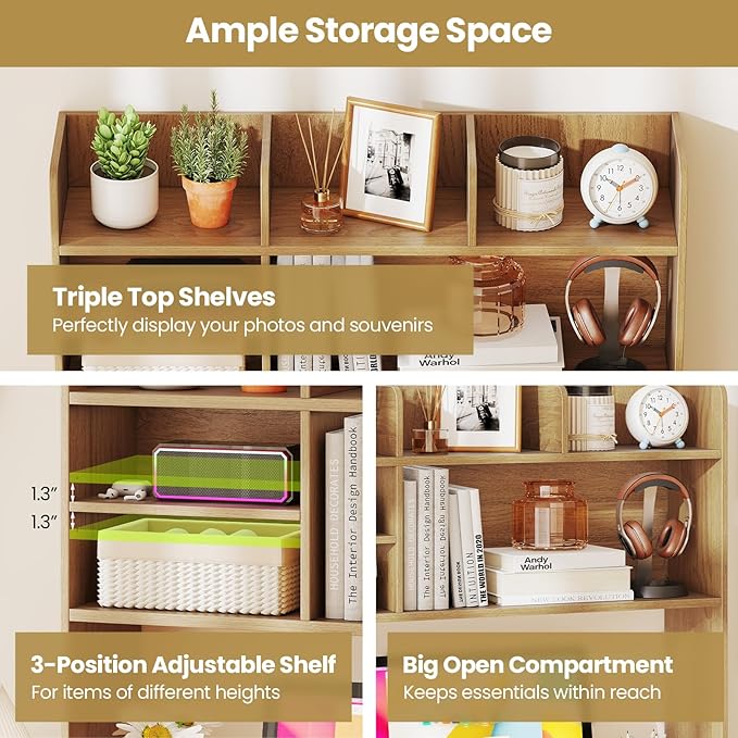 Tangkula Desktop Bookshelf for Computer Up to 32”, 37” Countertop Storage Hutch with 6 Storage Shelves, 3-Tier Desktop Organizer Display Rack, Wooden Desk Hutch for Dorm Home Office (Natural)