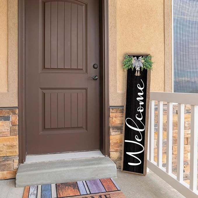 LuZhiQiang Front Porch for Welcome Standing Sign 45"X9" Vertical Tall Long Leaner Wood Framed Outdoor Front Door Sign Decor (Wood Black)