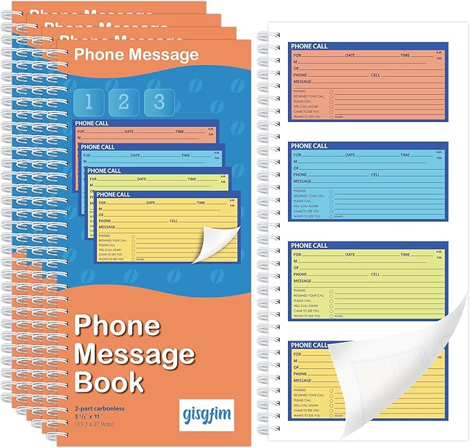 Spiral Bound Phone Message Book 5-1/4x11inch Phone Message Forms Book 2 Part Carbonless Phone Message Pads Phone Call Log Book Voicemail Log Book While You Were Out Message Pad 4 Messages/Page