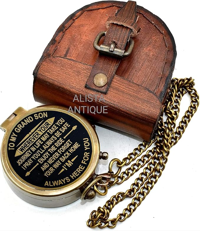 Vintage Brass Pocket Compass Gift for Grandson “to My Grandson” Engraved Compass with Leather Case & Chain | Meaningful Keepsake for Grandson | Birthday Gift | Graduation Day Gifts