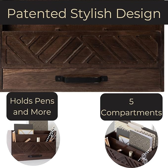 BLU MONACO | Wooden Mail Organizer with Drawer and Compartments | Mail Sorter Organizer Countertop for Desk Entryway | Outgoing Mail Holder Wood Desktop File Storage