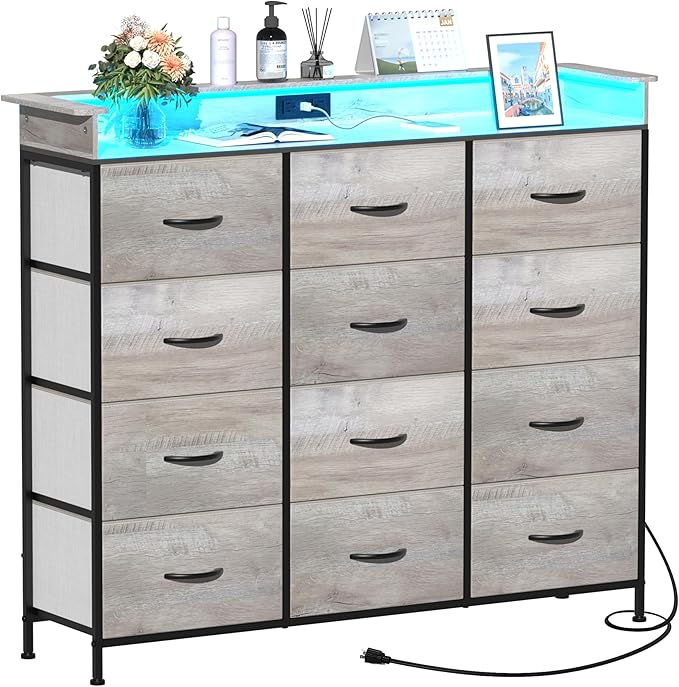 Welfuturer Dresser for Bedroom with 12 Drawers LED Dressers & Chests of Drawers Charging Station Fabric Dresser Storage Organizer Unit for Hallway Entryway Closets Sturdy Steel Frame Wood Top Gray