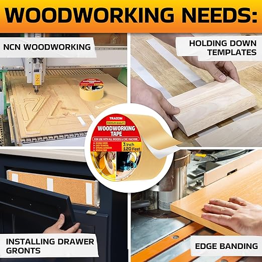 Trazon Double Sided Woodworking Tape Super Strong, 3 Inch x 120 Feet, Wood Crafter Sticky Tool, Two Side Adhesive for Router Templates and CNC Machine, Removable & Residue Free