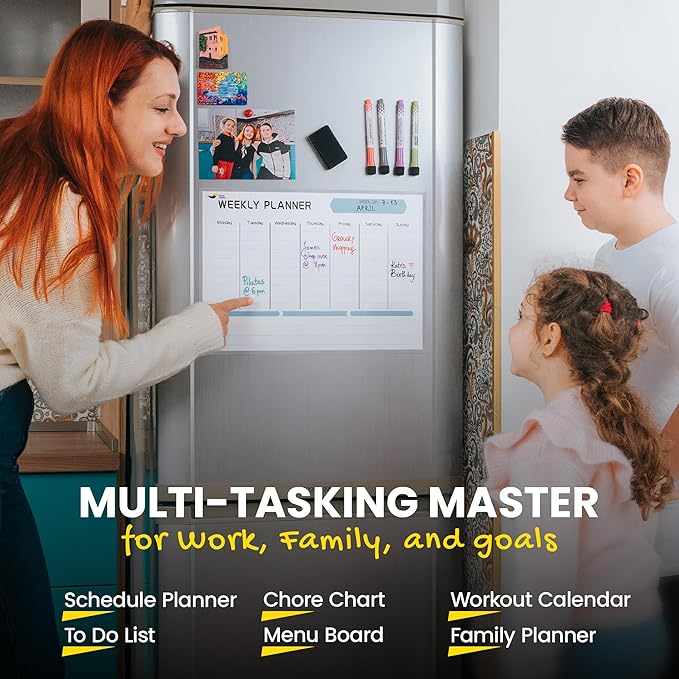 Magnetic Weekly Planner for Fridge - 17x12” Stain-Resistant Dry Erase Whiteboard Fridge Calendar with Large Writing Space for Schedules, Chores & Meals - Includes 4 Markers & Eraser