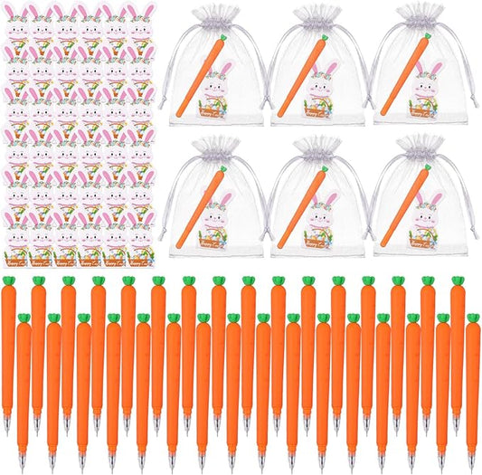 Eaasty 36 Set Easter Gifts Bulk Carrot Ballpoint Pens with Bunny Cards Happy Easter Spring Party Favors Black Ink Gel Pens for Office Stationery Supplies School Classroom Home Party Decoration