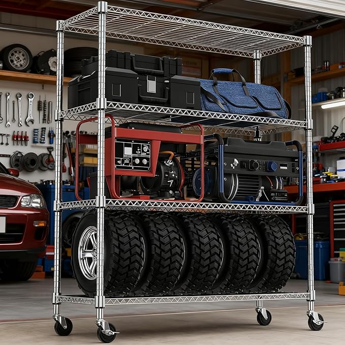 M MZG 4 Tiers Shelf 1400 lbs Steel Storage Shelving Utility Shelving Unit Steel Organizer Wire Rack for Home,Kitchen,Office,Garage Chrome 17.7" D x 47.2" W x 62.6" H