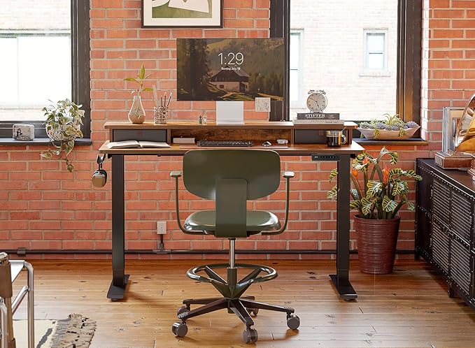 FEZIBO 48 x 24 Inch Height Adjustable Electric Standing Desk with Double Drawer, Stand Up Table with Storage Shelf, Sit Stand Desk, Rustic Brown
