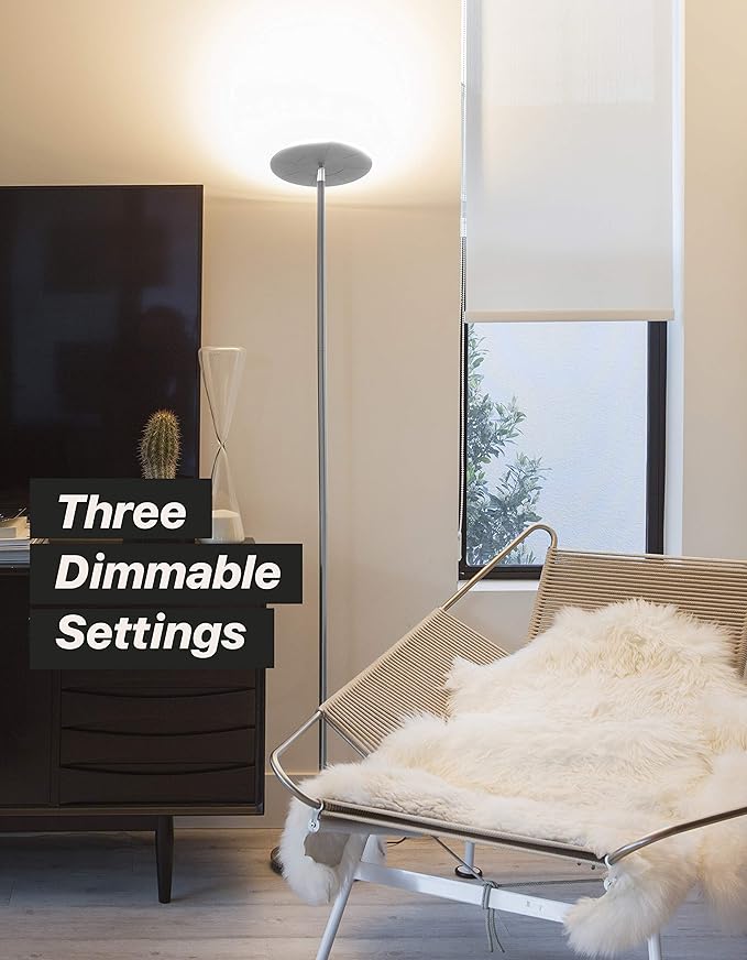 Brightech Sky LED Floor lamp, Torchiere Super Bright Floor Lamp for Living Room Decor & Office - Dimmable, Tall Standing Torch Lamp with Warm Light for Bedroom & Reading - Platinum Silver