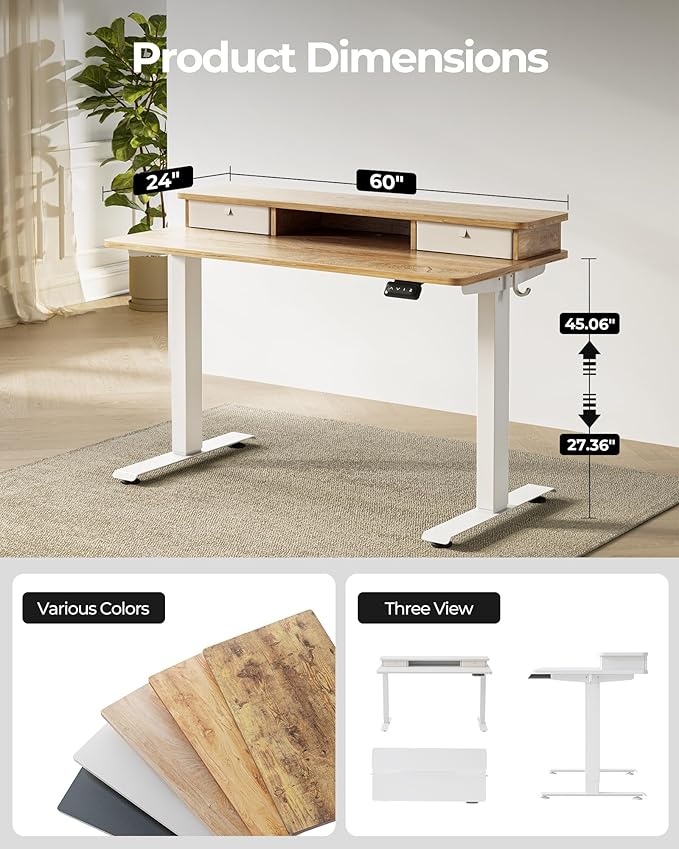 FEZIBO 60 x 24 Inch Height Adjustable Electric Standing Desk with Double Drawer, Stand up Home Office Computer Desk with 4 Height-Adjustable Feets & 2 Hooks, Maple