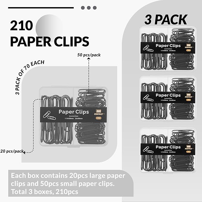 NEEWAY Colorful Paper Clips Assorted Sizes, Small and Large Paperclips, 210 Count, 3 Pack of 70 (Black)