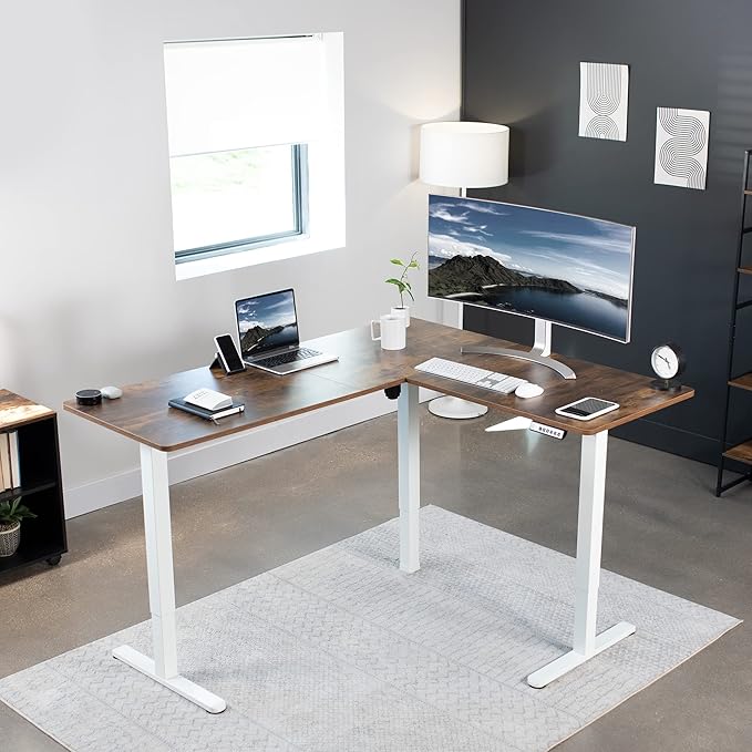 VIVO Electric Corner 63 x 55 inch L-Shaped Standing Desk, Memory Height Adjustment, Rustic Vintage Brown Top White Frame, DESK-E3CTWN