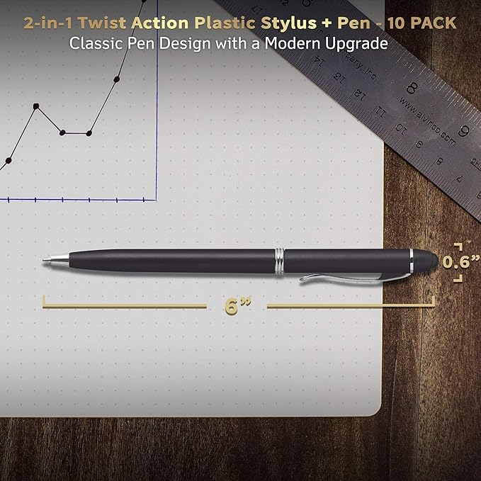 DISCOUNT PROMOS Twist Action Plastic Stylus Pens, Set of 10, Bulk Pack - Pens for Work, Cool Pens for Writing, Black Ink - Black