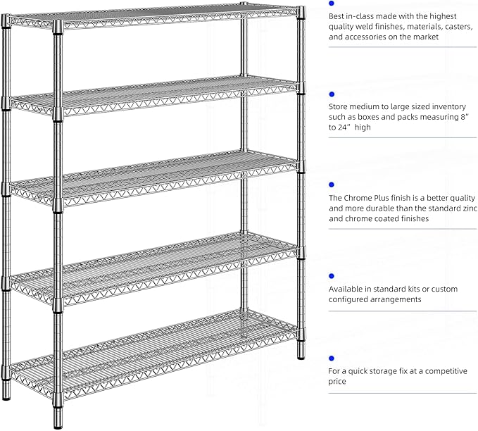 M MZG 2200 Lbs 5 Tier Storage Rack Metal Wire Shelving Unit, Storage Standing Shelf Organizer for Laundry Bathroom Kitchen Pantry Closet Garage, Chrome 17.7" D x 59.1" W x 70.4" H