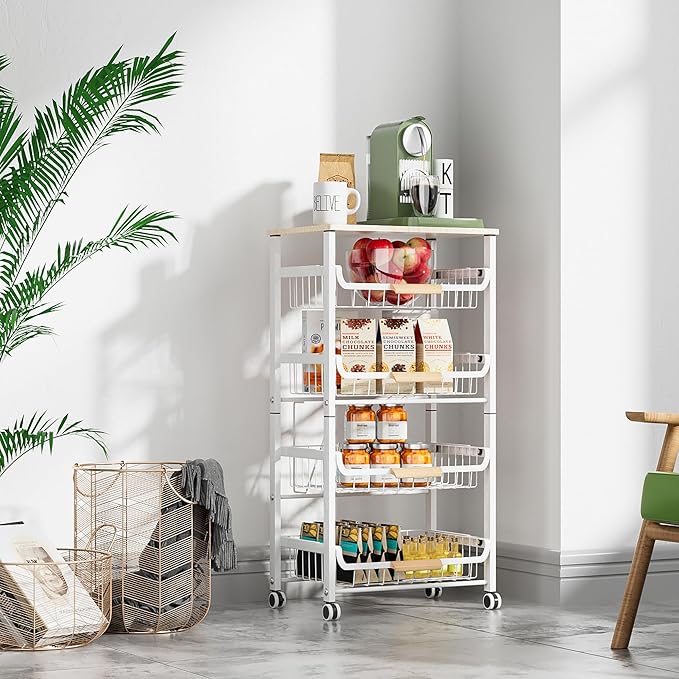 NiuYichee 5-Layer Fruit Basket Kitchen Food Organizer and Rack, Stackable Storage Cart with Desktop, Pull-Out Hollow Metal Basket, Wheeled Sorting Rack Spice Rack, Black